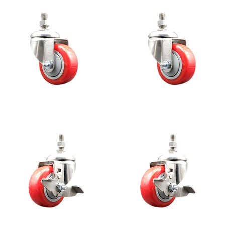 Service Caster 3 Inch 316SS Red Polyurethane Swivel 10mm Threaded Stem Caster Brake, 2PK SS316TS20S314-PPUB-RED-M1015-2-TLB-2